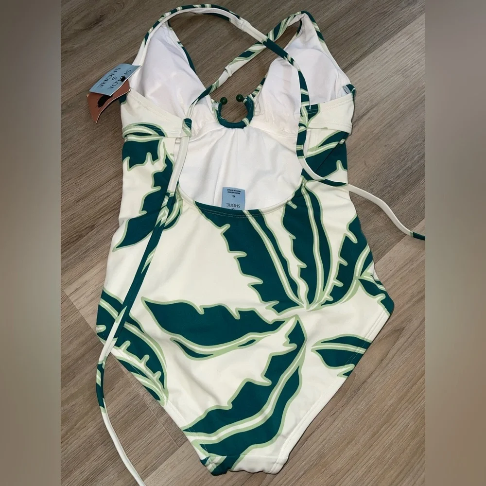 NWT Tropical Green Leaf One-Piece Swimsuit Halter Tie